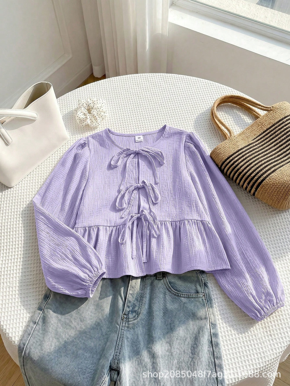 european and american women's clothing, new trendy, fashionable, sweet, casual, tie-up, round neck, puff sleeve, long-sleeved shirt