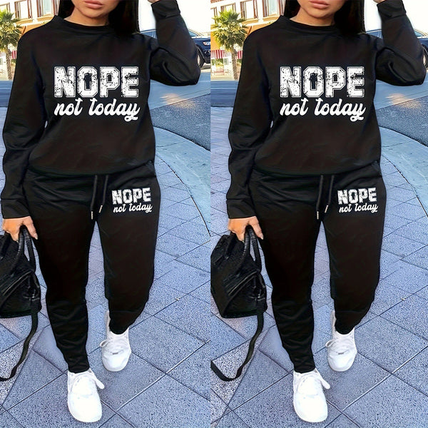S390827 Letter Printed Long Sleeve T-Shirt Trousers Suit Women