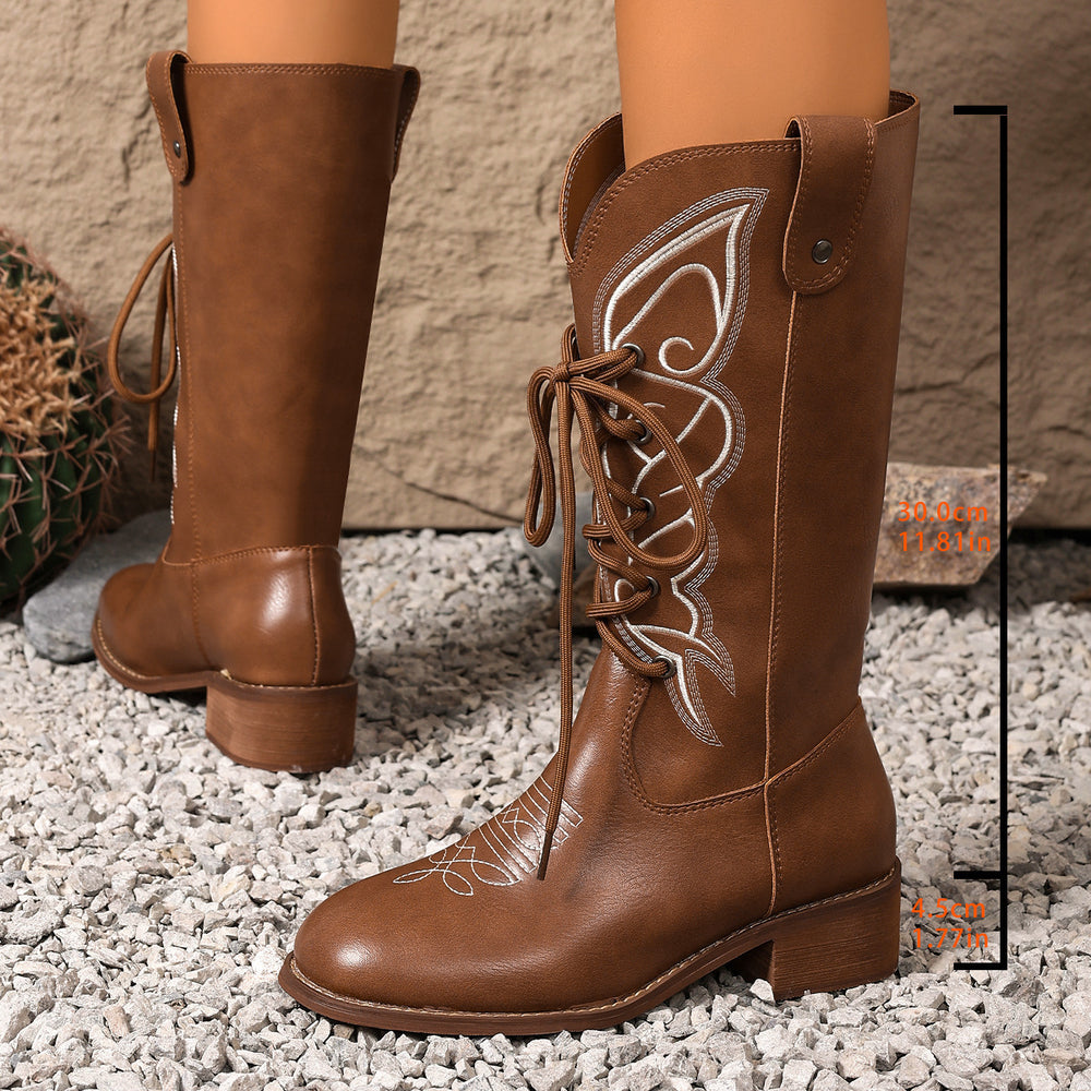 Exportretroembroiderknee socks boots western cowboy boots women's autumn winter new thick heel british style straps knight boots