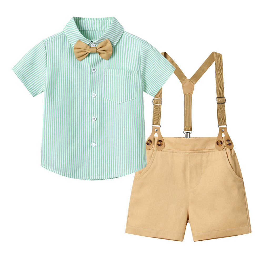 Boys' summer outfit set, new cotton short-sleeve striped shirt, first birthday dress, wholesale summer children's clothing