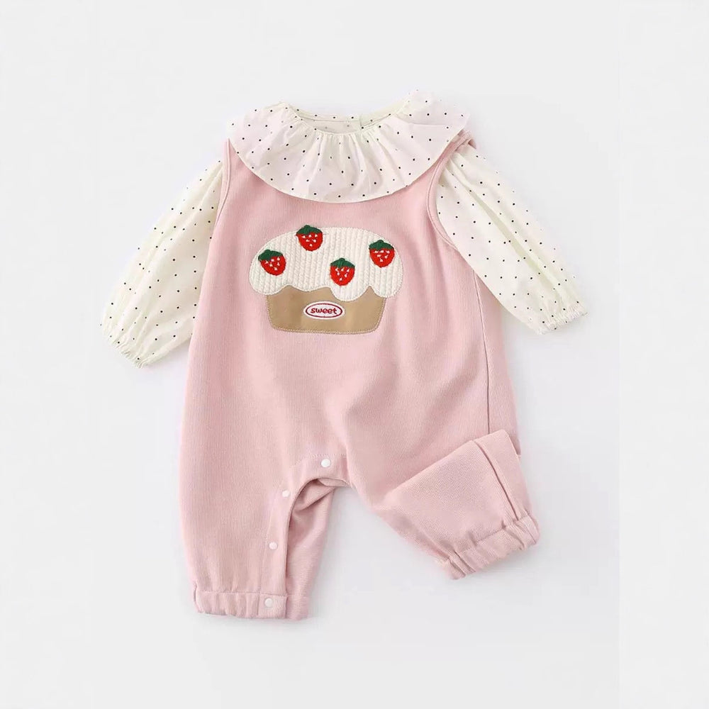 Infant and toddler clothing, spring and autumn outfits, baby girl sets, cute cartoon strawberry overalls two-piece set with polka dot peter pan collar