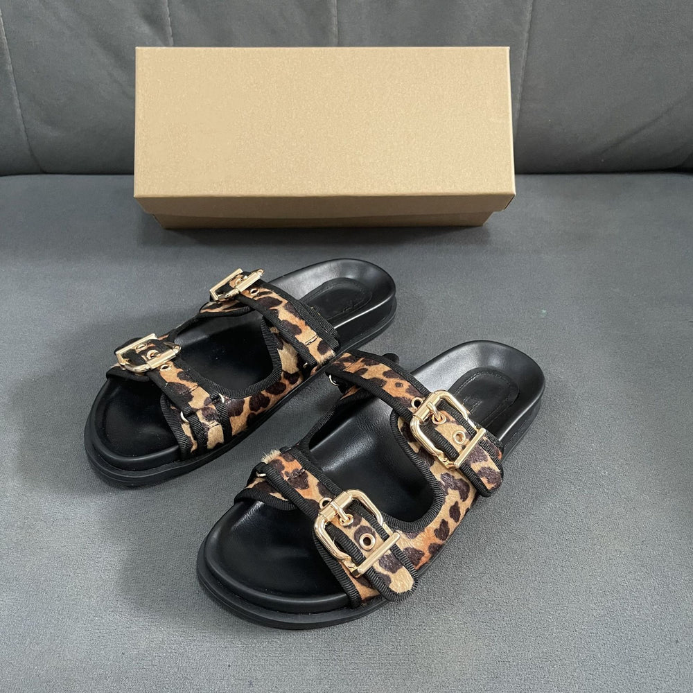Spanish summer new platform thong sandals leopard print buckle strap flat beach sandals for women