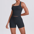 brushed pure color tight racerbackflap pocket pants shorts sports suit running fitness yoga wear two-piece set
