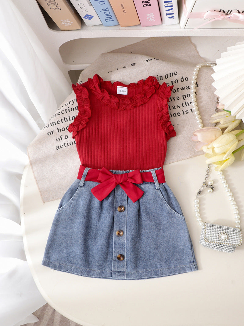 Children's clothing  cross-border girl pit vest + denim skirt fashionnew arrival