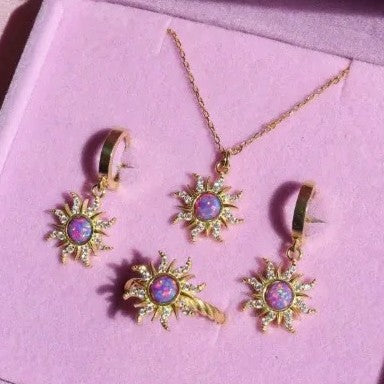 Wholesale jewelry sets: european and american retro sunflower necklace three-piece set, light luxury high-end diamond-studded eight-pointed star stud earrings