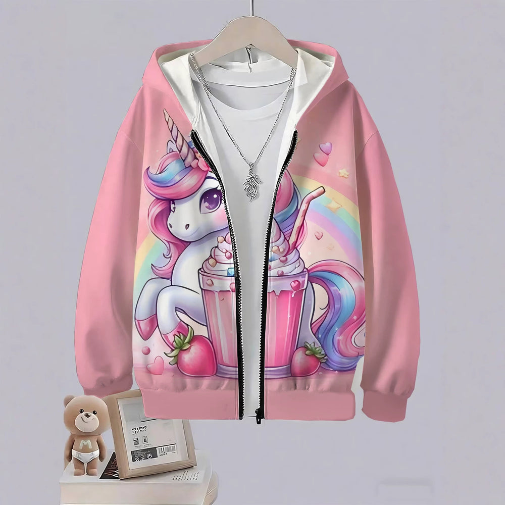 Kids' hoodie jacket, cross-border hot seller: cute cartoon print fashion zip-up hoodie for girls, dropshipping available