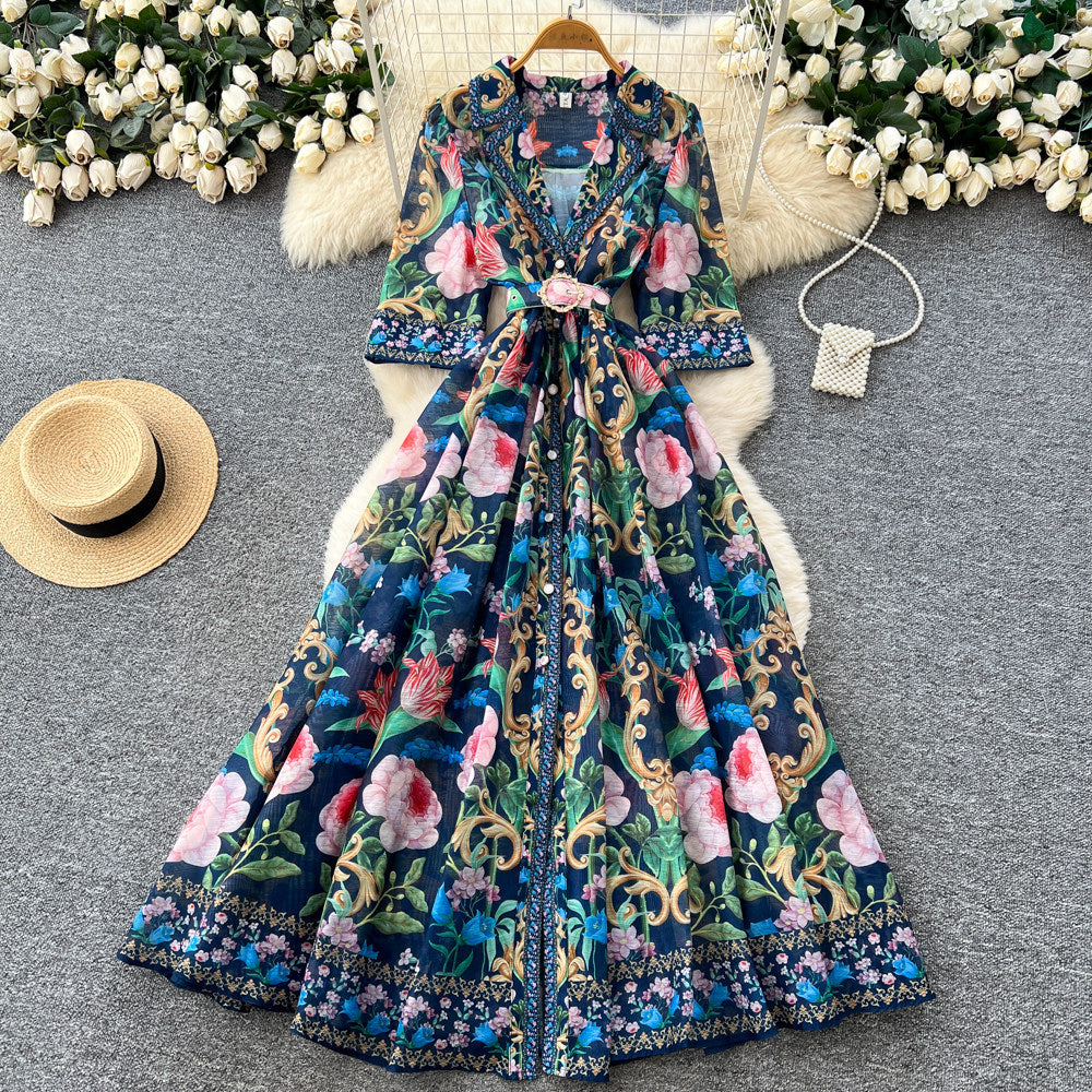 Frenchretro lapel printing short-sleeved dress women's summerv neck waist slimming look a-line long skirt holiday style large skirt