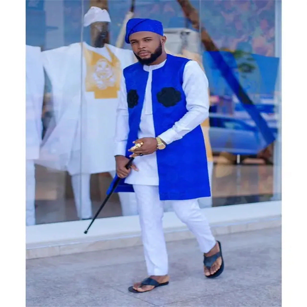African  t-shirt long sleeves + pants 3-piece set independent station matte cloth men's fashionembroideroutwear vest