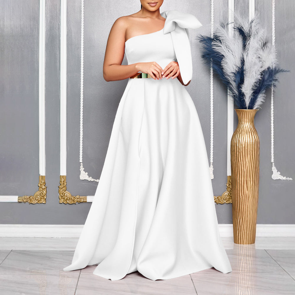 C8613exportfashion summer new arrivalelegantfashion oblique shoulder bow banquet dress long skirt african dress