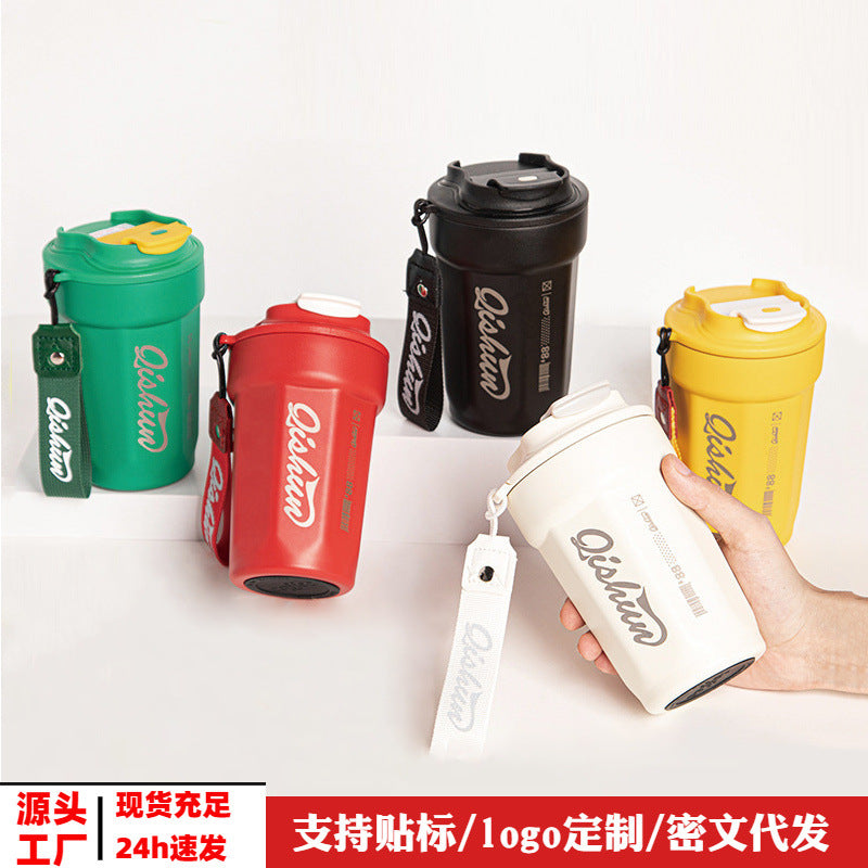 Simple 316 stainless steel octagonal coffee mug - portable cola cup with carry strap, outdoor car vacuum insulated tumbler - customizable