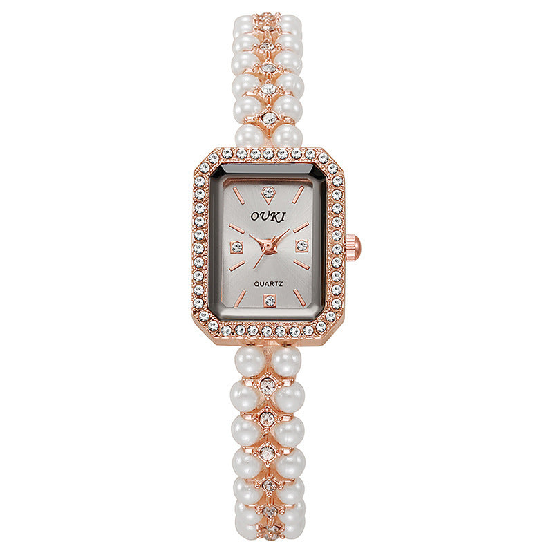 Ouki retro vintage chanel-style pearl bracelet watch - women's elegant, niche, and fashionable chain watch in gold
