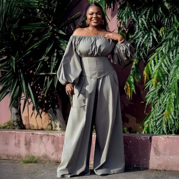 European and American women's clothing one-word shoulder long sleeves waist thin top women's African fashion casual trousers large size two-piece set women's