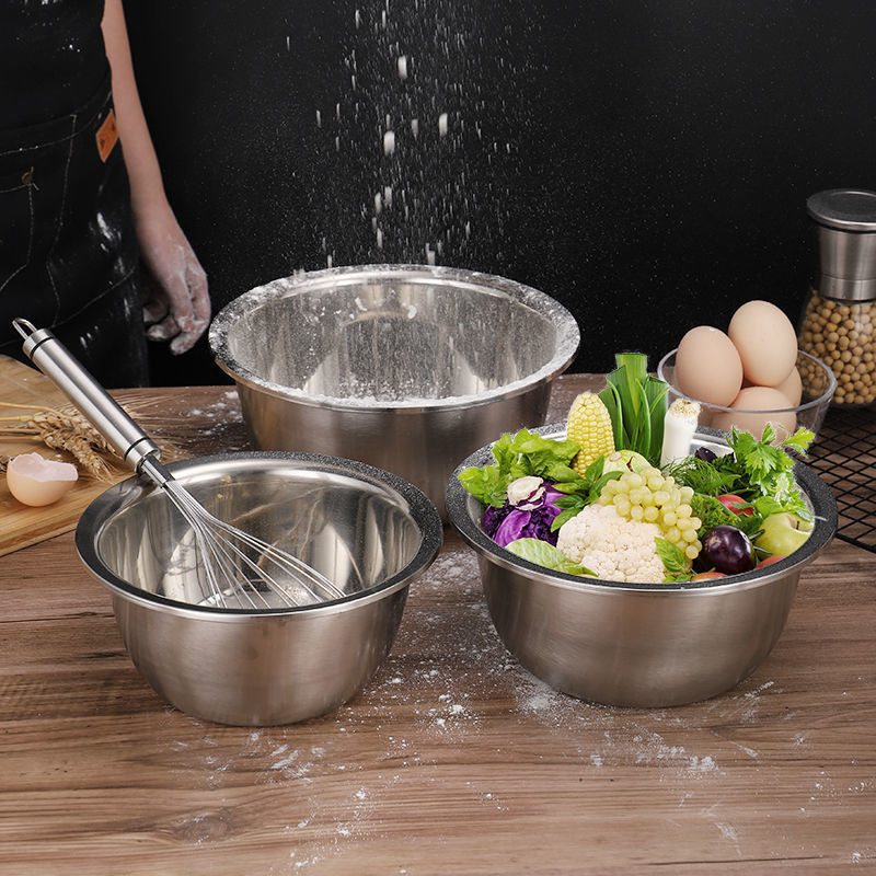 Food grade stainless steel basin for home kitchen egg beating basin drain basket non-magnetic thickened large reverse edge european style basin
