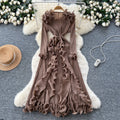 European and american niche style 3d ruffle trim tie-waist long sleeve pleated maxi dress with slit