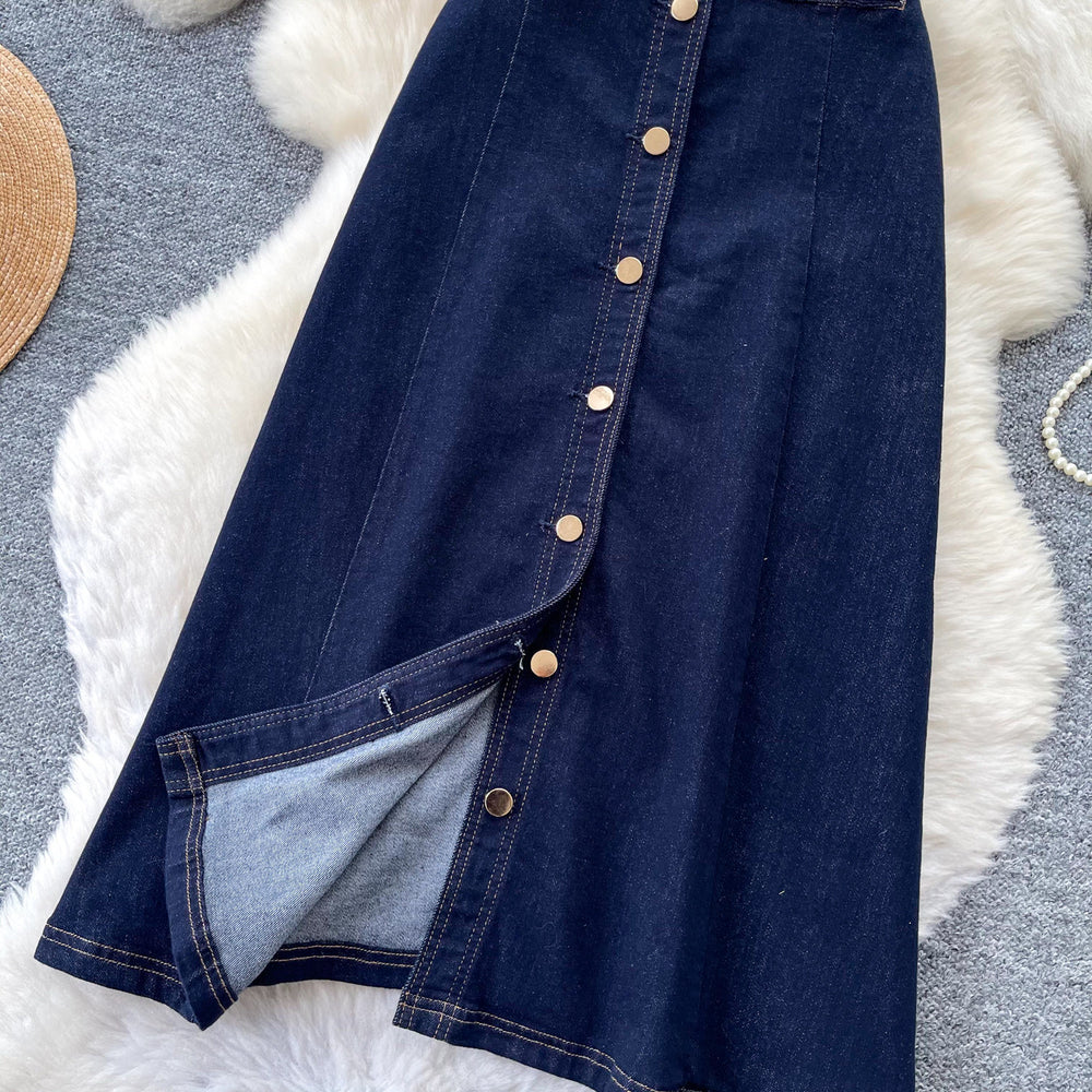 K-style multi-breasted denim slit skirt for women summerhigh waistslimming looka-line mid-length skirt work clothingclassy