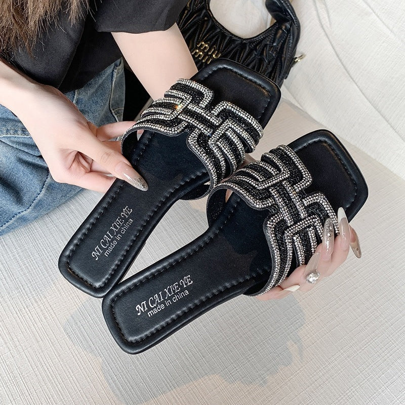 plus size cross-border flat slippers women's summer outwear full diamond one-line casual beach vacation sandals women's wholesale