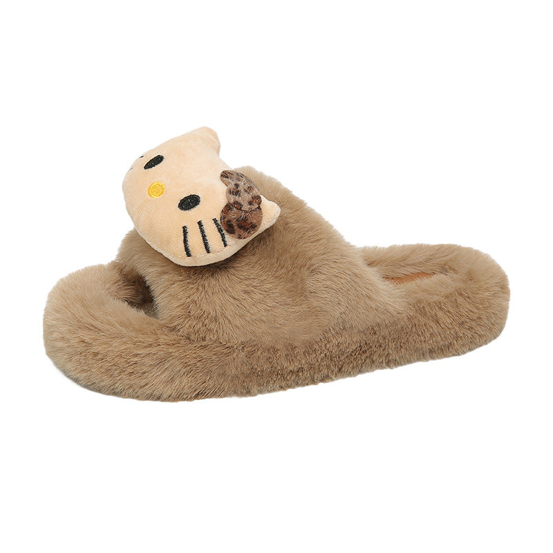 Cartoon kitty cat fuzzy one-strap cotton slippers - new autumn/winter collection for women, thickened outdoor/indoor warm slippers