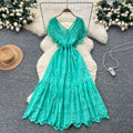 Vintage court style flutter sleeve dress - women's summer hollow-out crochet, high-end design, elegant socialite, light luxury maxi dress