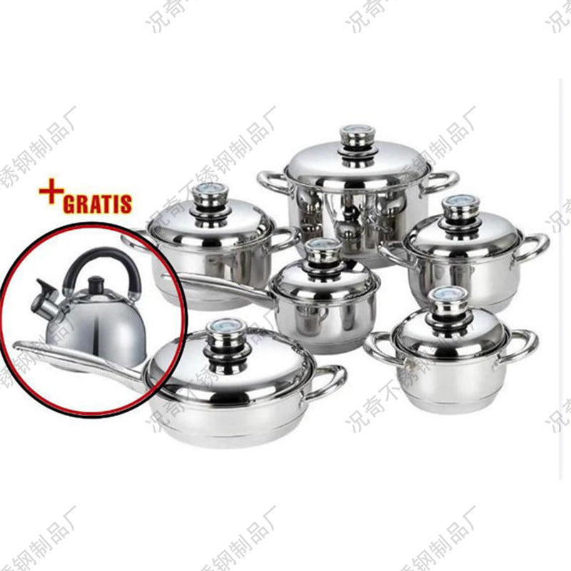 Thermometer suit pot export africa stainless steel multi bottom 14-piece pot set non-stick frying pan milk pot soup pot cookware
