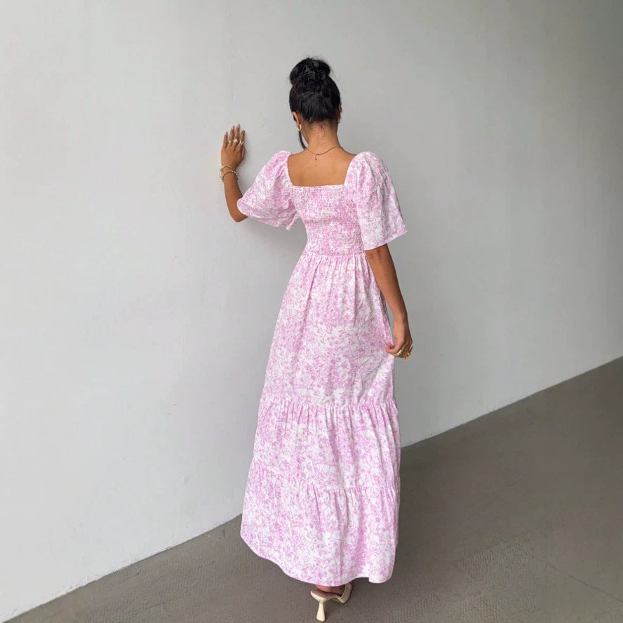 cross-border european and american french style new arrival: square neck puff sleeve dress - hot seller