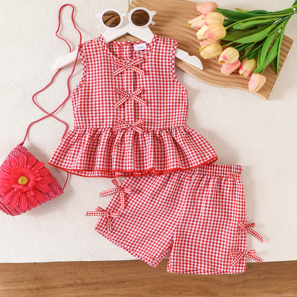 Children's clothing  fashion children's clothing cross-border red plaid tops+shortssuit