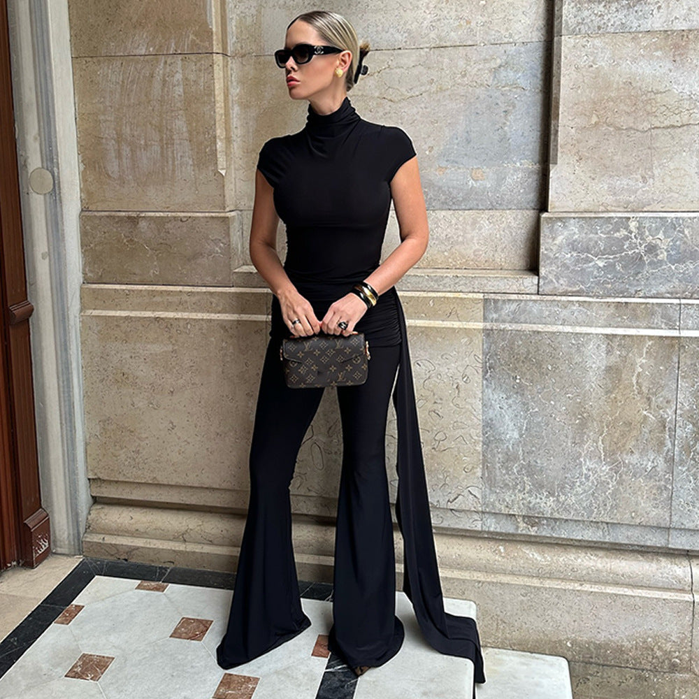 Europe and the United States  new sexy pleated streamer turtleneck jumpsuit  hot-selling fashion high-waisted slim jumpsuit