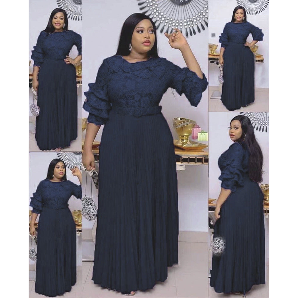 new european and american export evening gown,    lace maxi dress, african plus size pleated skirt