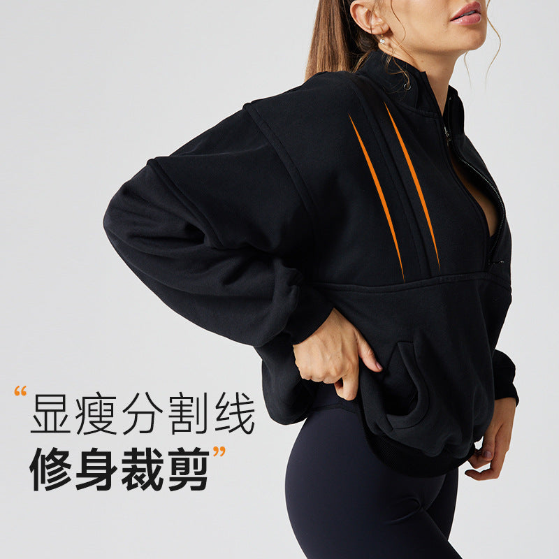 European and american style loose fit half-zip long sleeve yoga jacket - warm, fleece-lined stand collar running and workout top