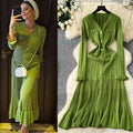 Elegant knitted dress: new autumn/winter  collection - high-end long sleeve, cinched waist maxi dress with v-neck and ruffle hem