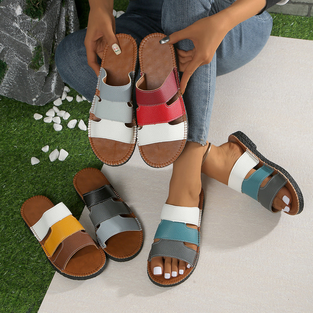 European and american export plus size patchwork flat slippers women's cross-border round toe woven one-strap outdoor beach sandals