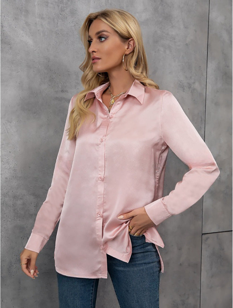 European and american chic satin long-sleeve blouse - new spring/summer solid color loose fit faux silk satin top