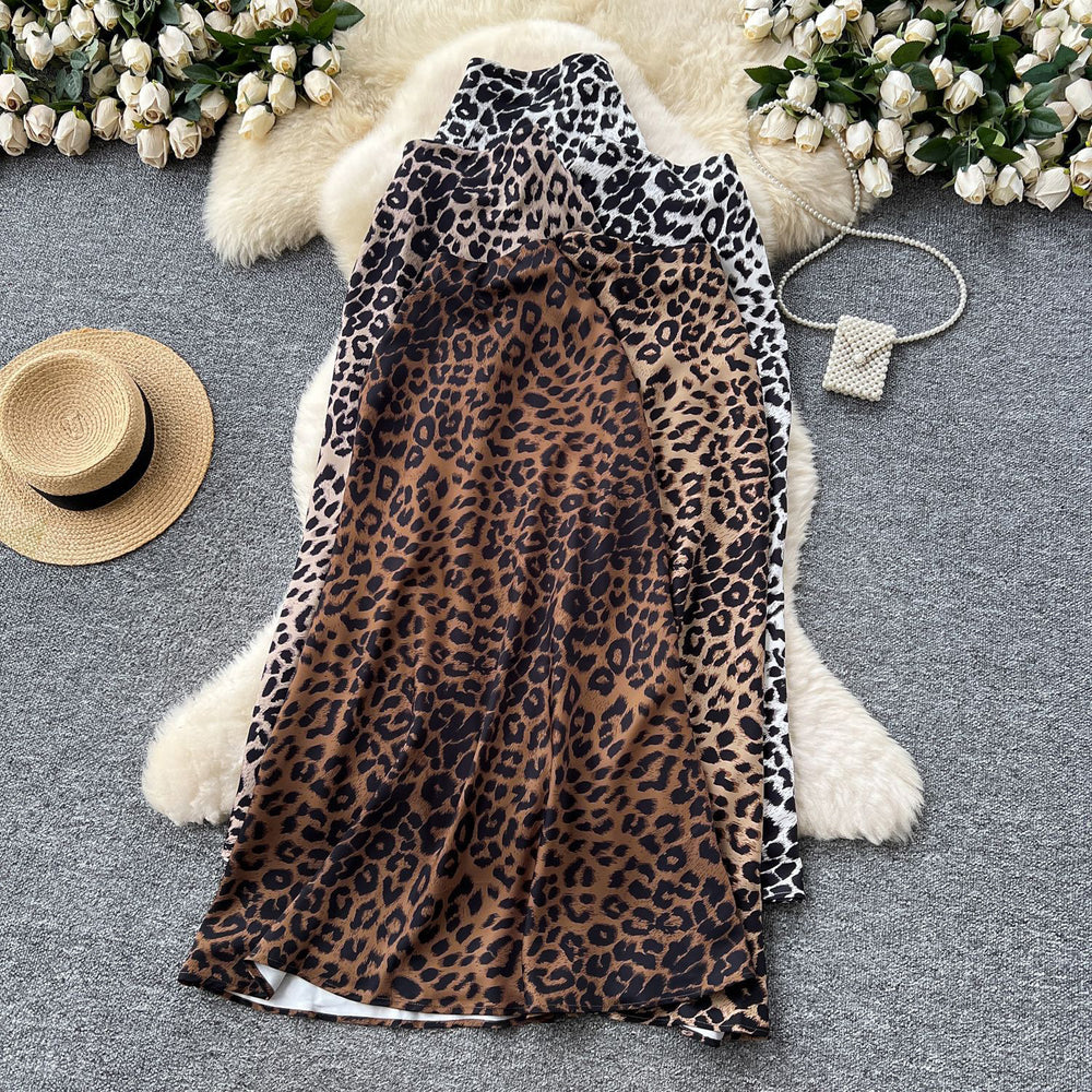 Classyelegant leopard print printingsatin skirt women's summerfrencheasiest for matchsilmslimming look mid-length mermaid dress
