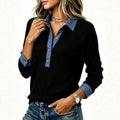Plus size women's fake two-piece shirt denim collar patchwork waffle gridsknitting long sleeves shirt supply