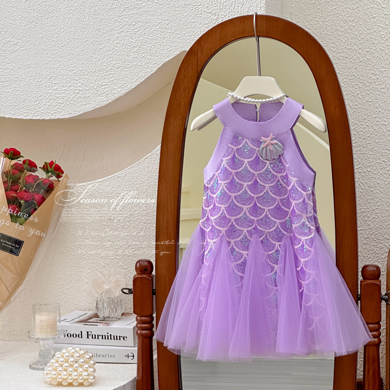 Girls' mermaid dress summer outfit  new style halter sequin fishtail sundress