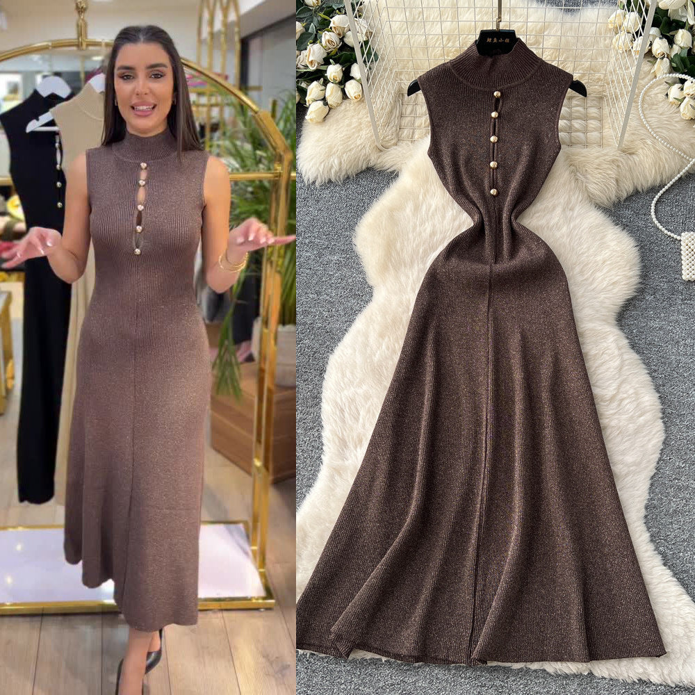 Classysense normcore style elegantcut out metal button half turtle collar dress women's fall and winterelegance bottom knitting long skirt