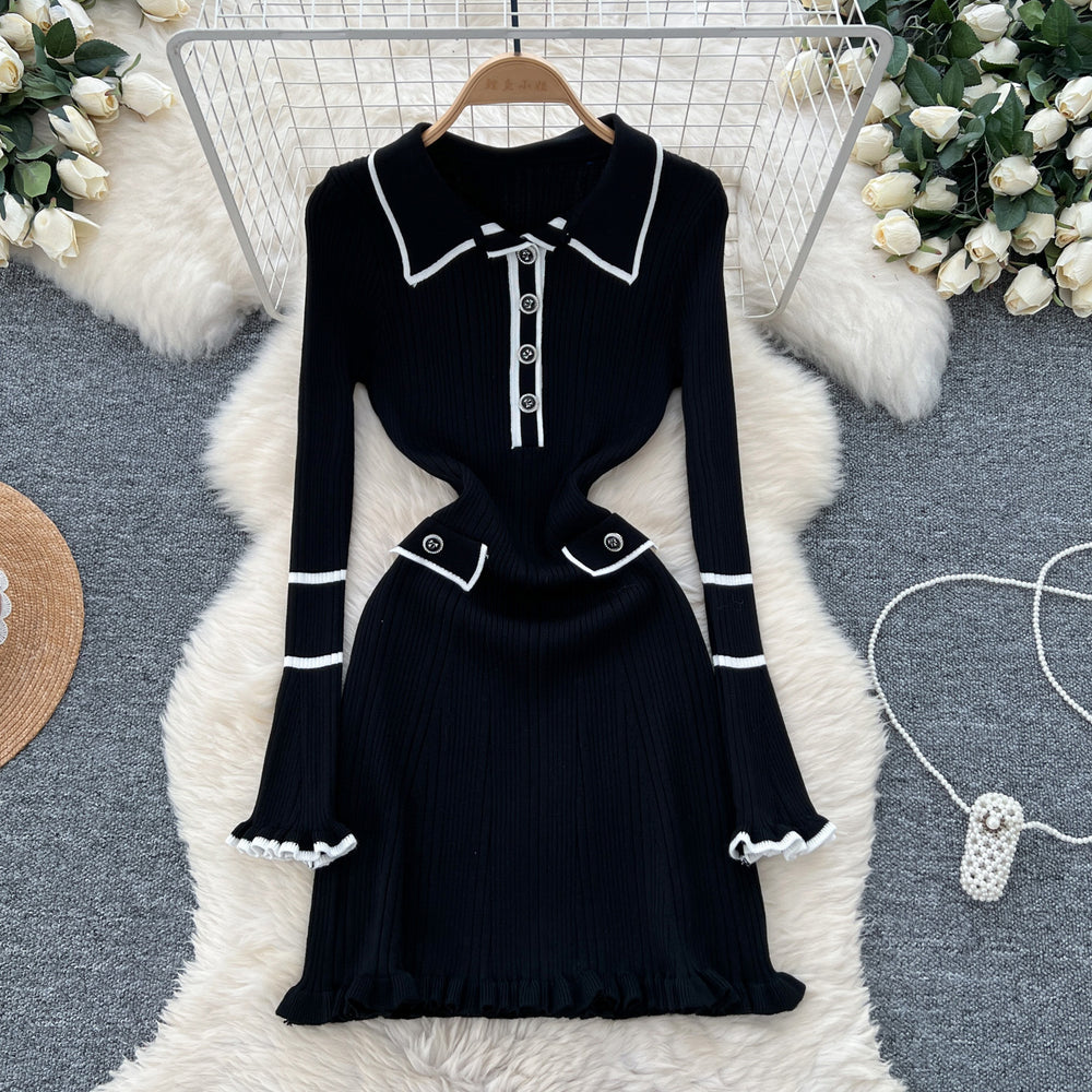 new arrival: women's elegant slim-fit knit dress with ruffle trim, button detail, and collared neckline