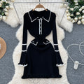 new arrival: women's elegant slim-fit knit dress with ruffle trim, button detail, and collared neckline