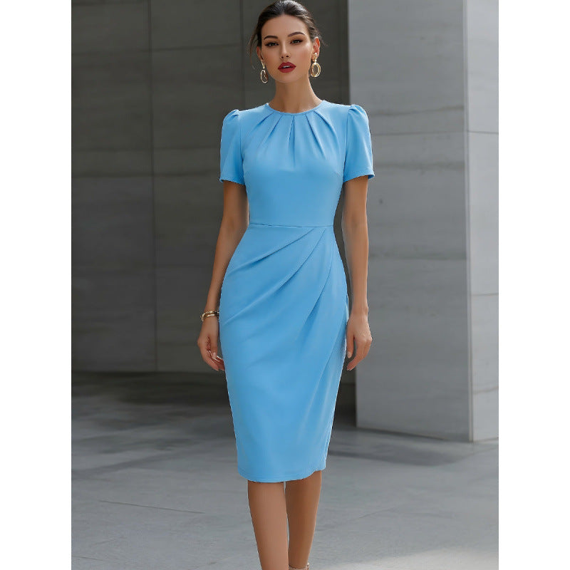 european and american independent station new arrival round neck pleated waist dress