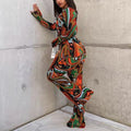Printed deep v sexy blouse and wide-leg pants two-piece set - women's  european and american autumn fashion casual outfit