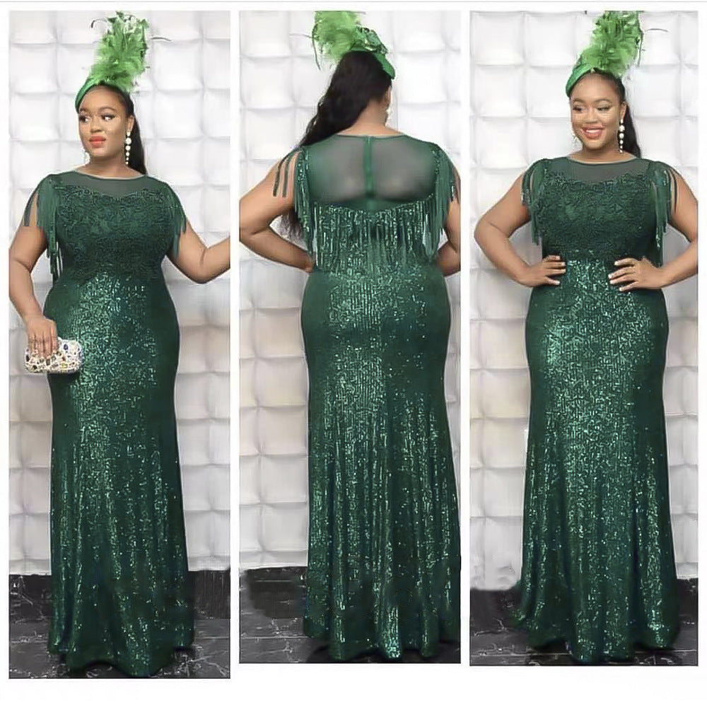 Aliexpress  autumn/winter  sequin tassel african plus size women's evening gown dress for banquets and special occasions