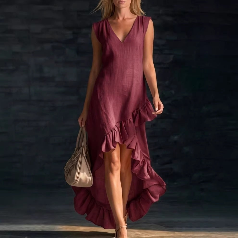 european and american cross-border  new fashion romantic sleeveless v-neck ruffle hem cotton linen maxi dress