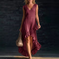 european and american cross-border  new fashion romantic sleeveless v-neck ruffle hem cotton linen maxi dress