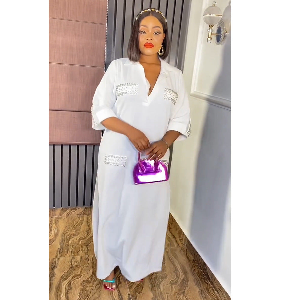 Aliexpress tiktok african women's new arrival shiny silk satin loose plus size dress with free butterfly brooch