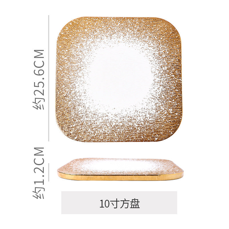 Minimalist gold matte western dinner plate - hotel & restaurant steak serving dish - stone texture square/round ceramic flat plate