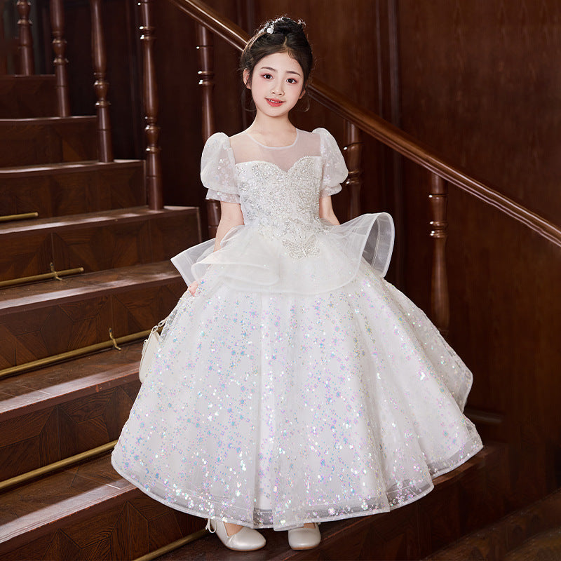 Children's formal dress princess gown sweet tulle tutu little girl's 6/1 piano recital performance costume high-end girls' dress