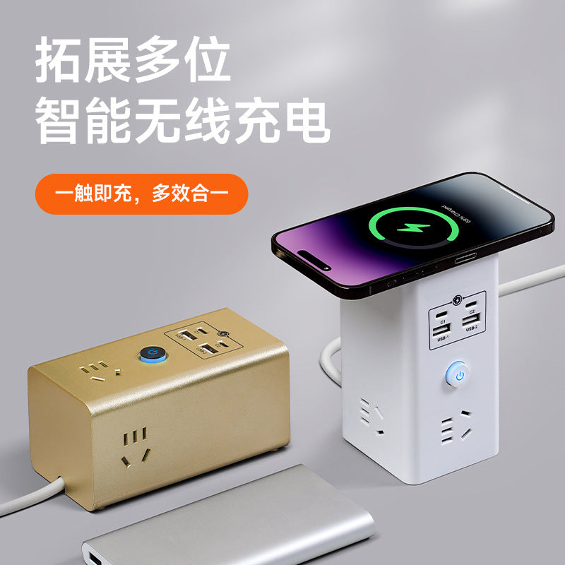 Smart wireless charging socket with 4 usb fast charging ports, multi-function power strip, long cord, ideal for dorms, home, and office - cube design