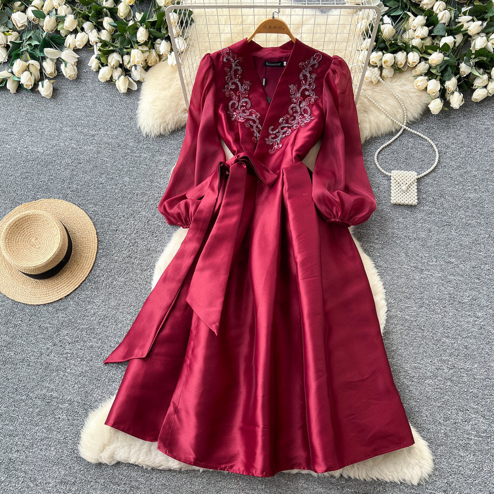Luxury chic v-neck embroidered elegant dress - women's summer long sleeve tie-waist a-line dress - elegant and refined