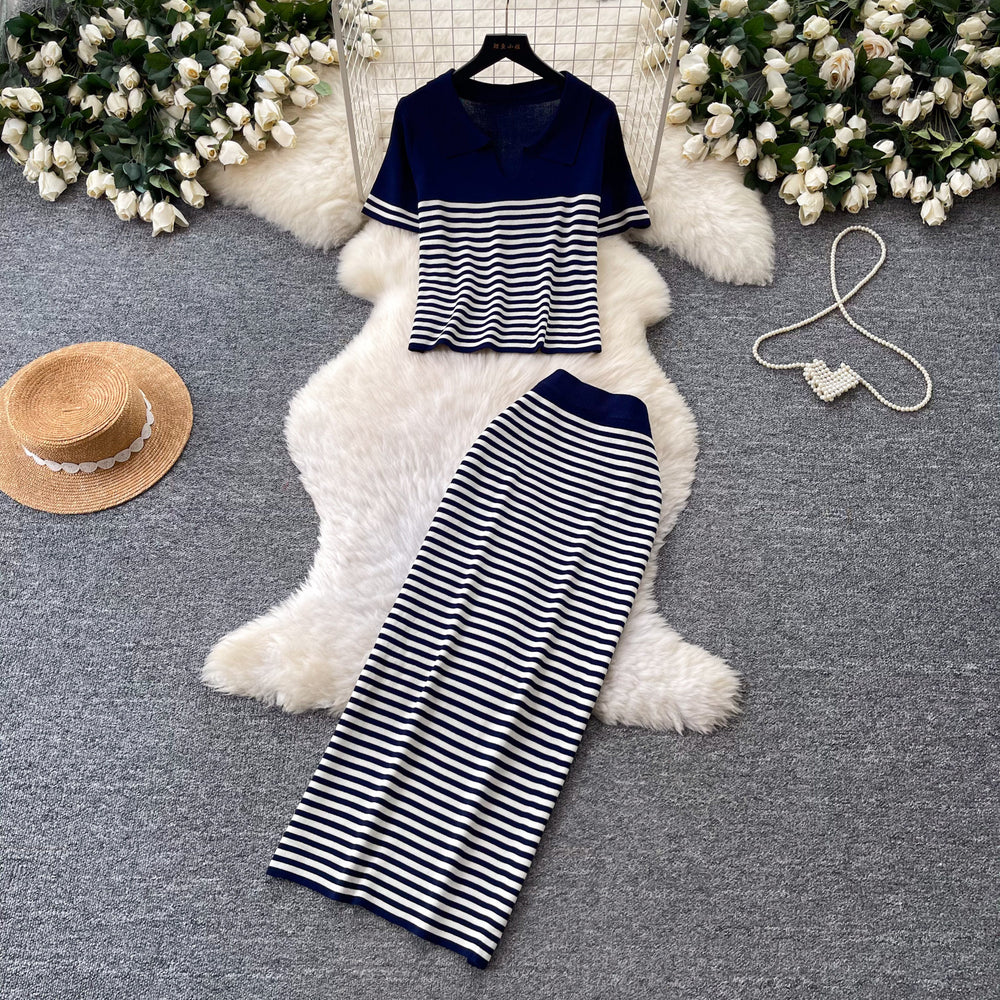 Frenchstripesknitting shirt high waist skirt two-piece set women's summer lazy work clothing styleelegantfashionsuit