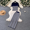 Frenchstripesknitting shirt high waist skirt two-piece set women's summer lazy work clothing styleelegantfashionsuit