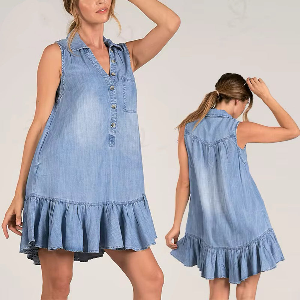 cross-border summer sleeveless fashion trendy ins style loose denim dress pleated skirt women's clothing